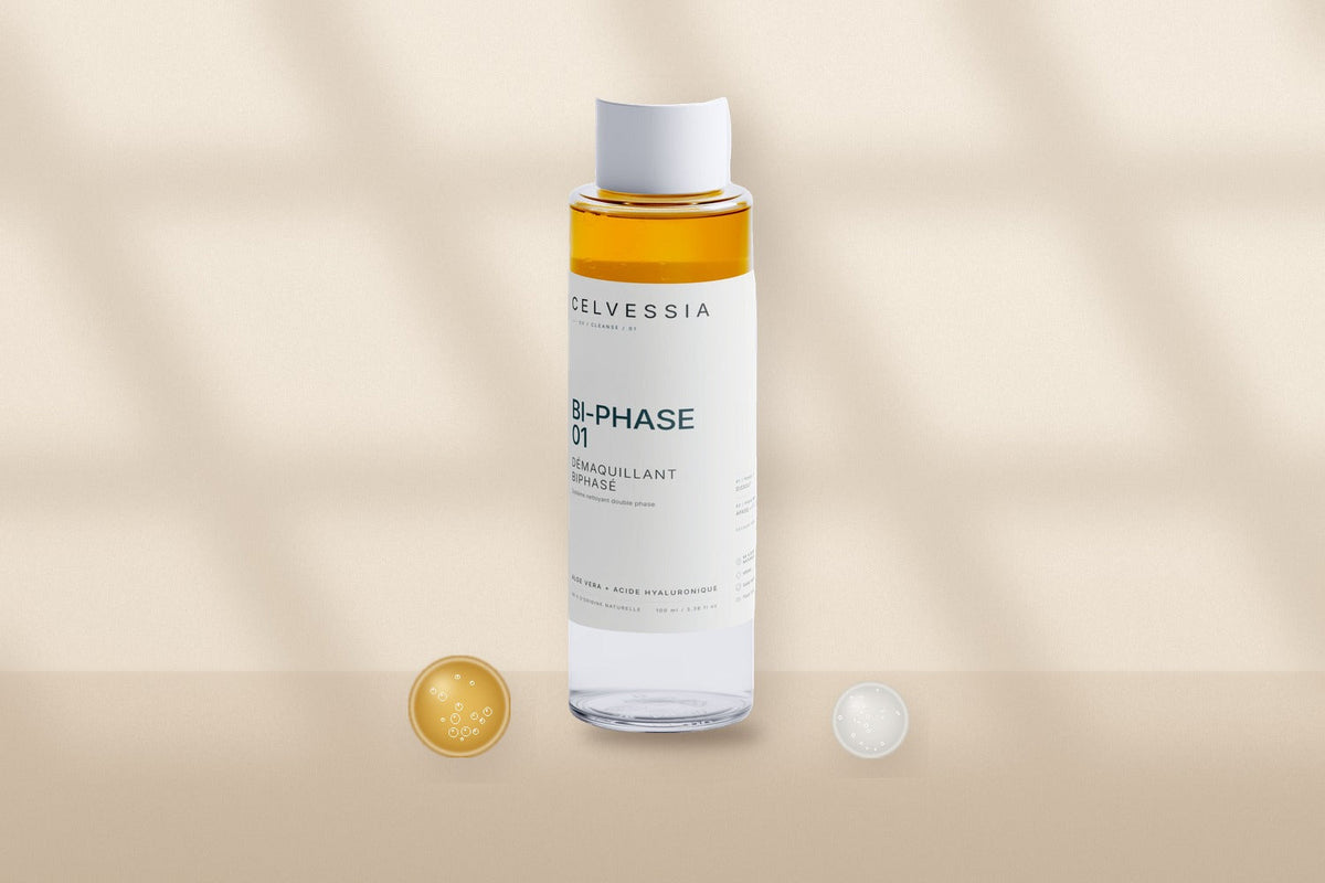 Démaquillant biphasé BI-PHASE 01 CELVESSIA, étape 1 du double nettoyage du soir