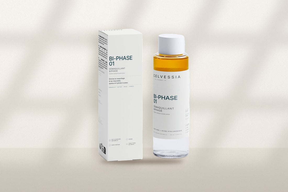 Flacon et étui BI-PHASE 01 CELVESSIA, démaquillant biphasé sans parfum