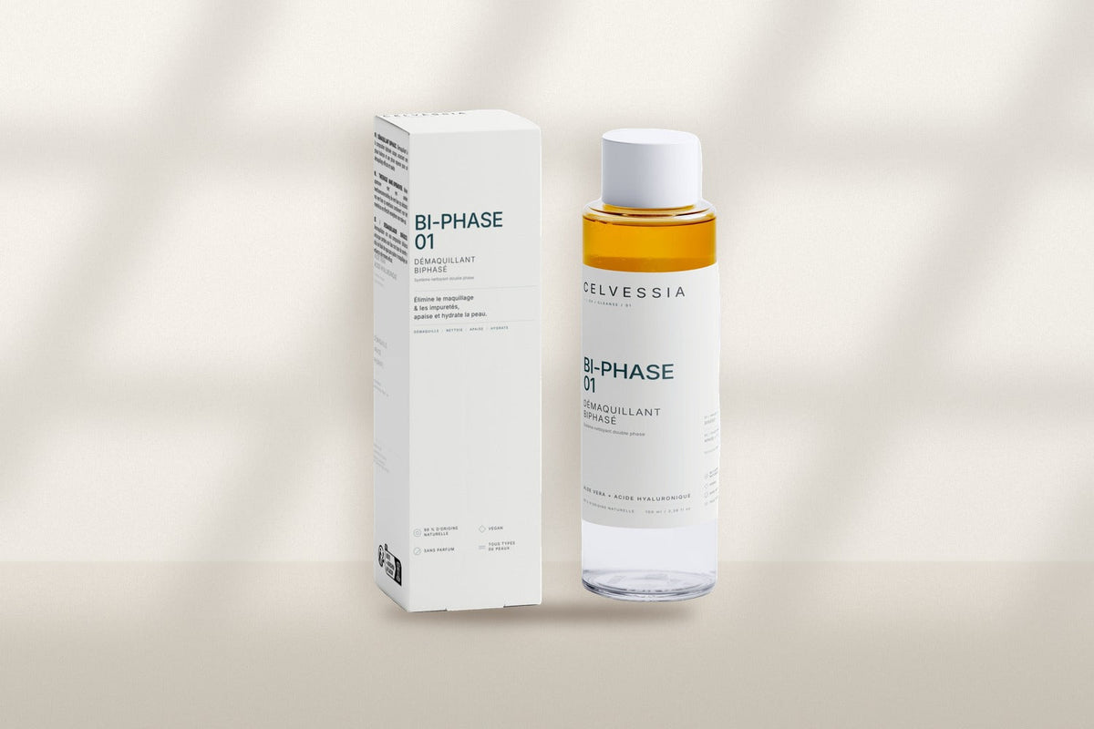 Flacon et étui BI-PHASE 01 CELVESSIA, démaquillant biphasé sans parfum
