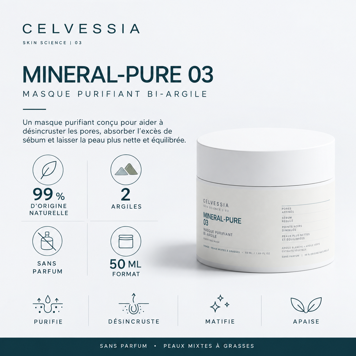 MINERAL-PURE 03 CELVESSIA, masque purifiant bi-argile : points clés (2 argiles, sans parfum, 50 ml)