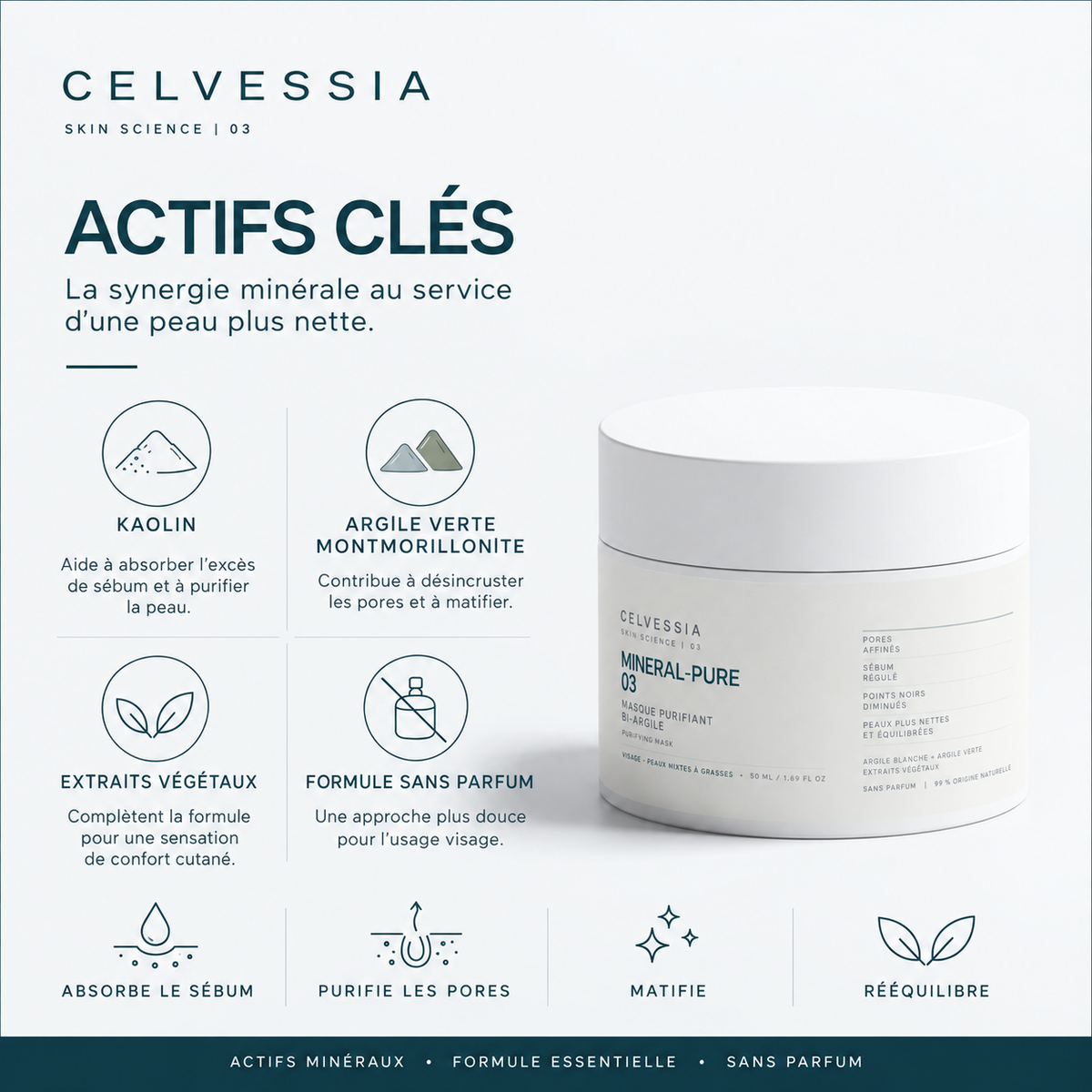 Actifs clés du masque MINERAL-PURE 03 CELVESSIA : kaolin, argile verte (montmorillonite) et extraits végétaux