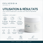 Utilisation du masque MINERAL-PURE 03 CELVESSIA : appliquer, laisser poser 5 à 10 minutes, rincer