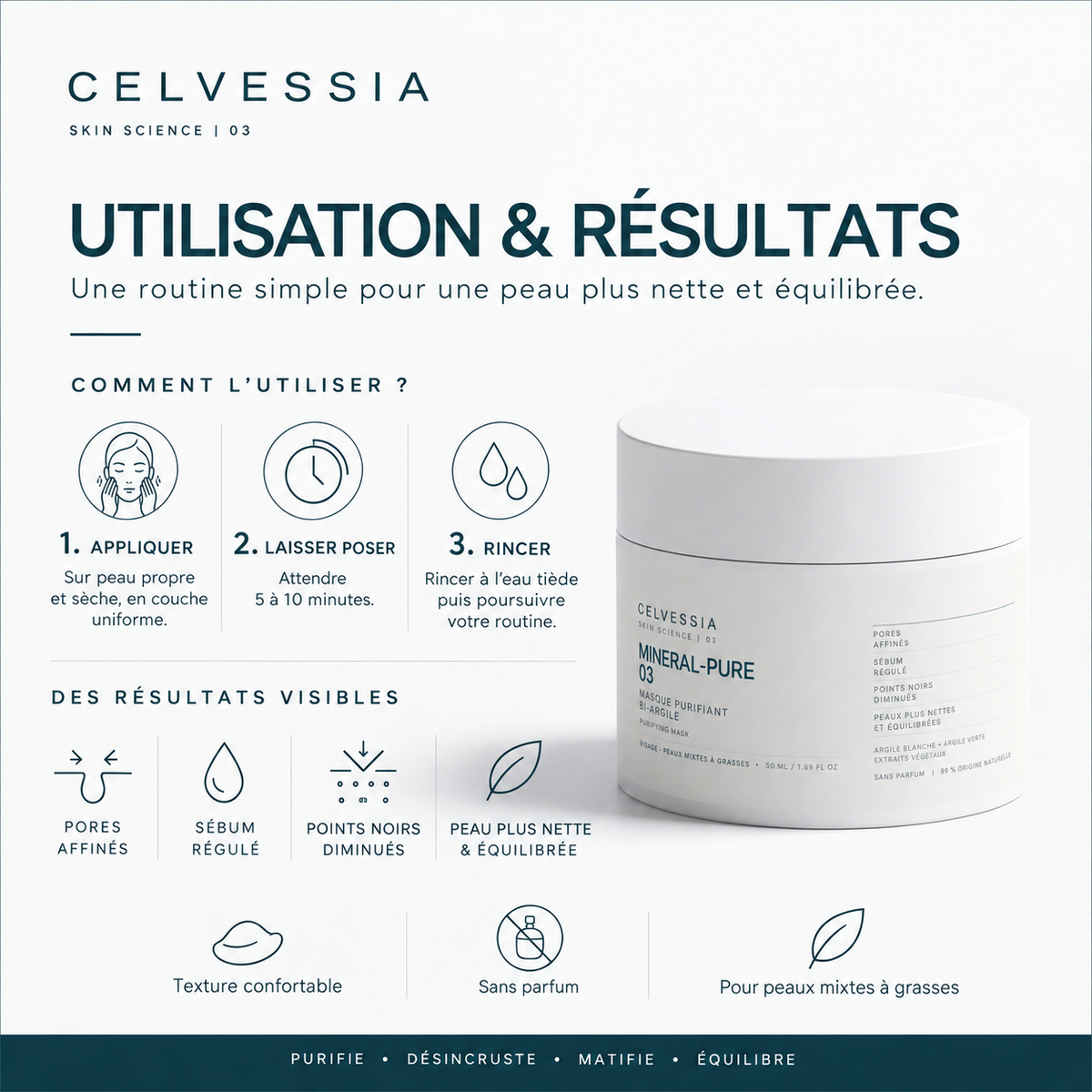 Utilisation du masque MINERAL-PURE 03 CELVESSIA : appliquer, laisser poser 5 à 10 minutes, rincer