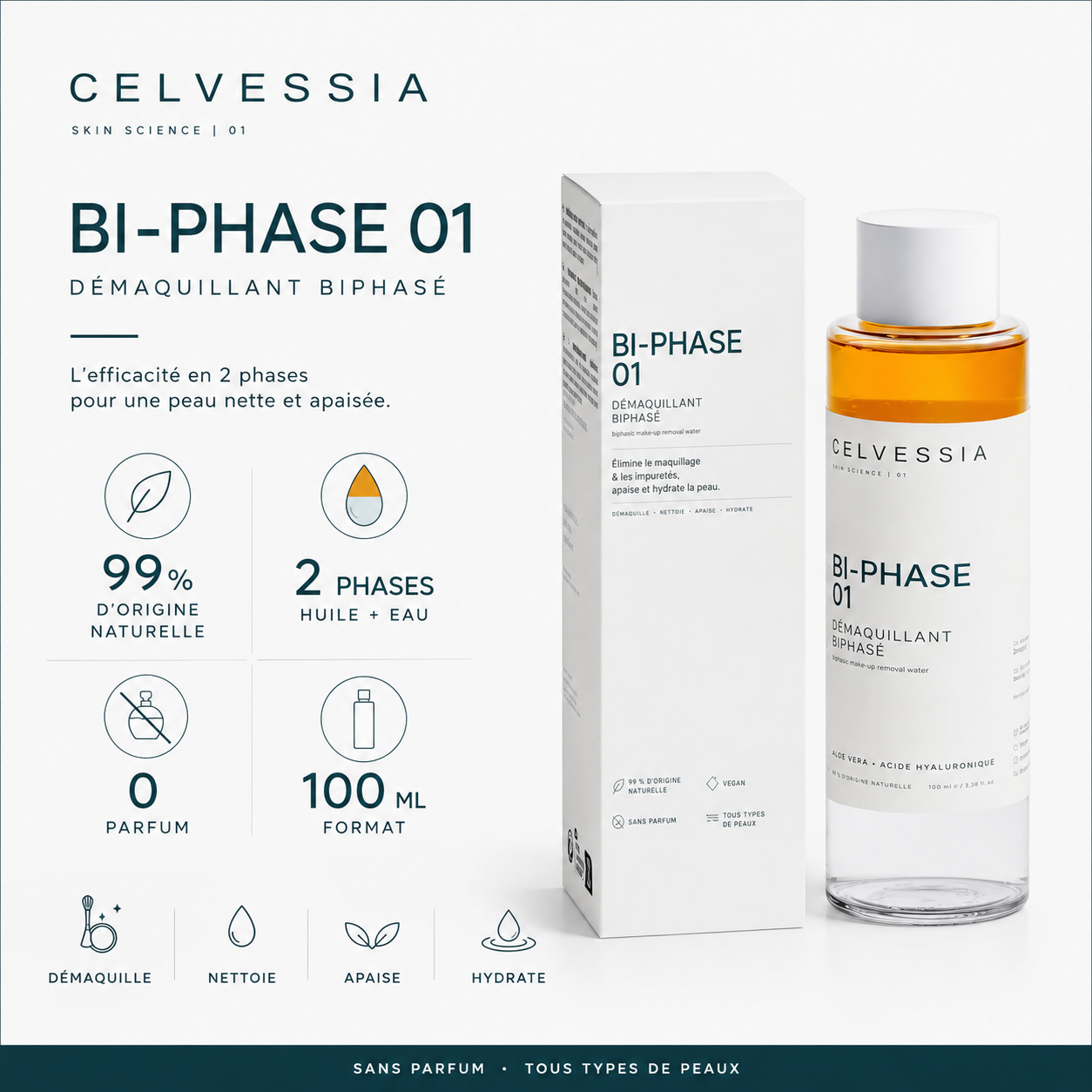 CELVESSIA BI-PHASE 01 — Solution Démaquillante Biphasée à l’Acide Hyaluronique
